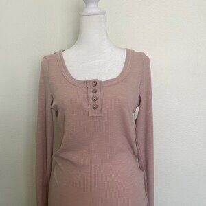 Kissfix Henley Shirt Ribbed Long Sleeve Pullover Top Pink SZS Fitted Casual